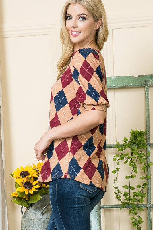 Argyle Print Puff Sleeve Knit Jersey Top - Scarvesnthangs