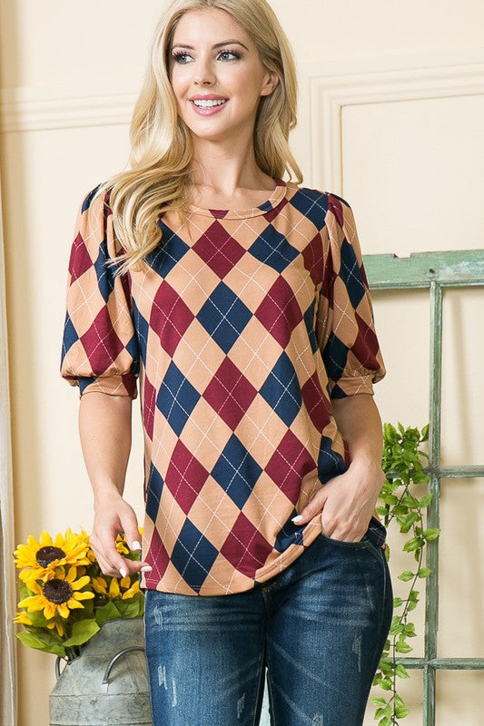 Argyle Print Puff Sleeve Knit Jersey Top - Scarvesnthangs