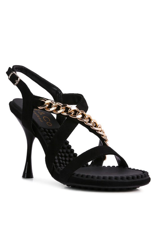 DOMEDA Metal Chain Mid Heel Sandal - Scarvesnthangs