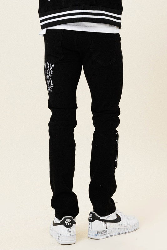 Multi Patch Slim Fit Black Denim Pants - Scarvesnthangs