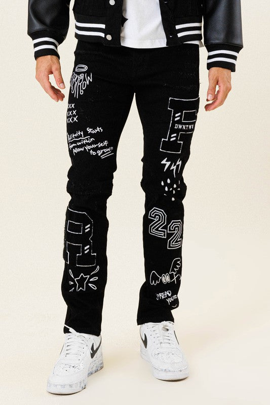 Multi Patch Slim Fit Black Denim Pants - Scarvesnthangs