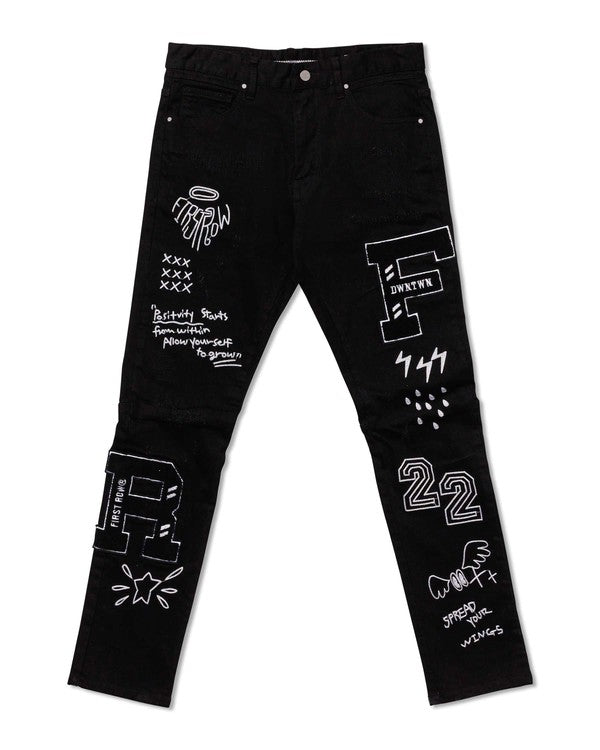 Multi Patch Slim Fit Black Denim Pants - Scarvesnthangs