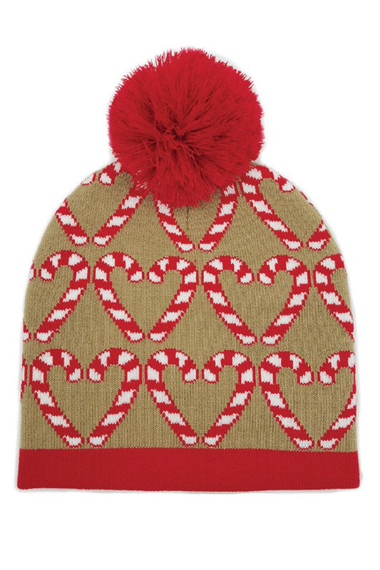 Holiday Candy Cane Pattern Knit Beanie Hat - Scarvesnthangs