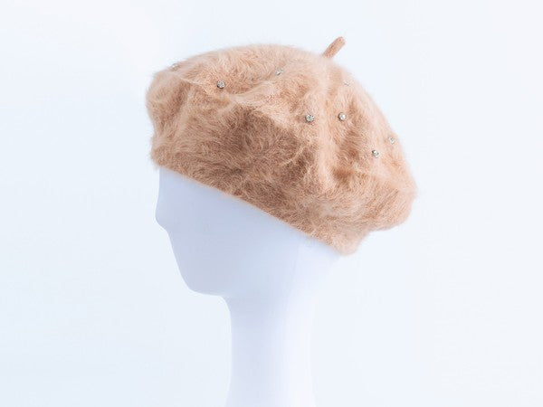 Rhinestone Faux Fur Beret Hat - Scarvesnthangs