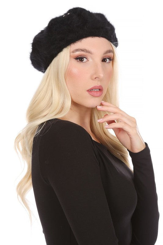 Rhinestone Faux Fur Beret Hat - Scarvesnthangs