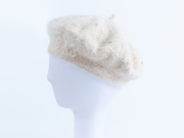Rhinestone Faux Fur Beret Hat - Scarvesnthangs