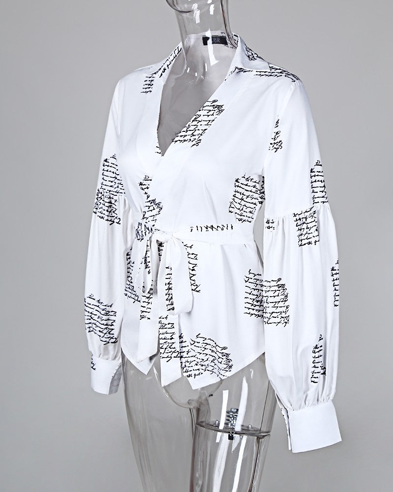 Letter Printed Wrap Long Sleeve Blouse - Scarvesnthangs