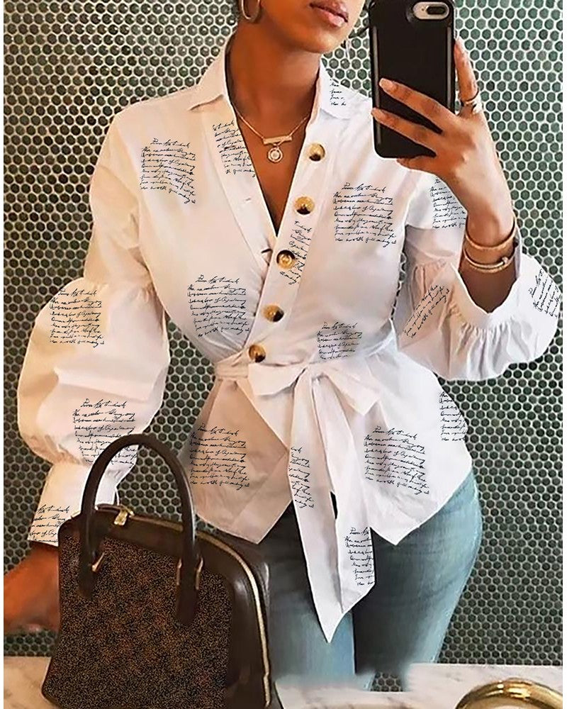 Letter Printed Wrap Long Sleeve Blouse - Scarvesnthangs