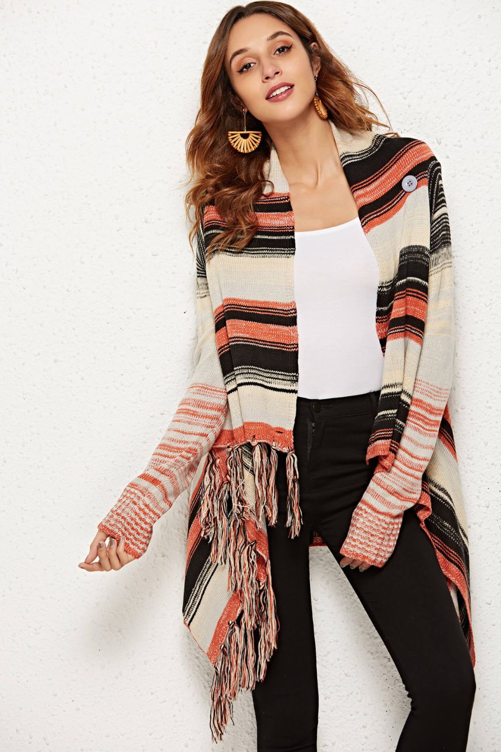 Striped Tassel Detail One-Button Cardigan - Scarvesnthangs