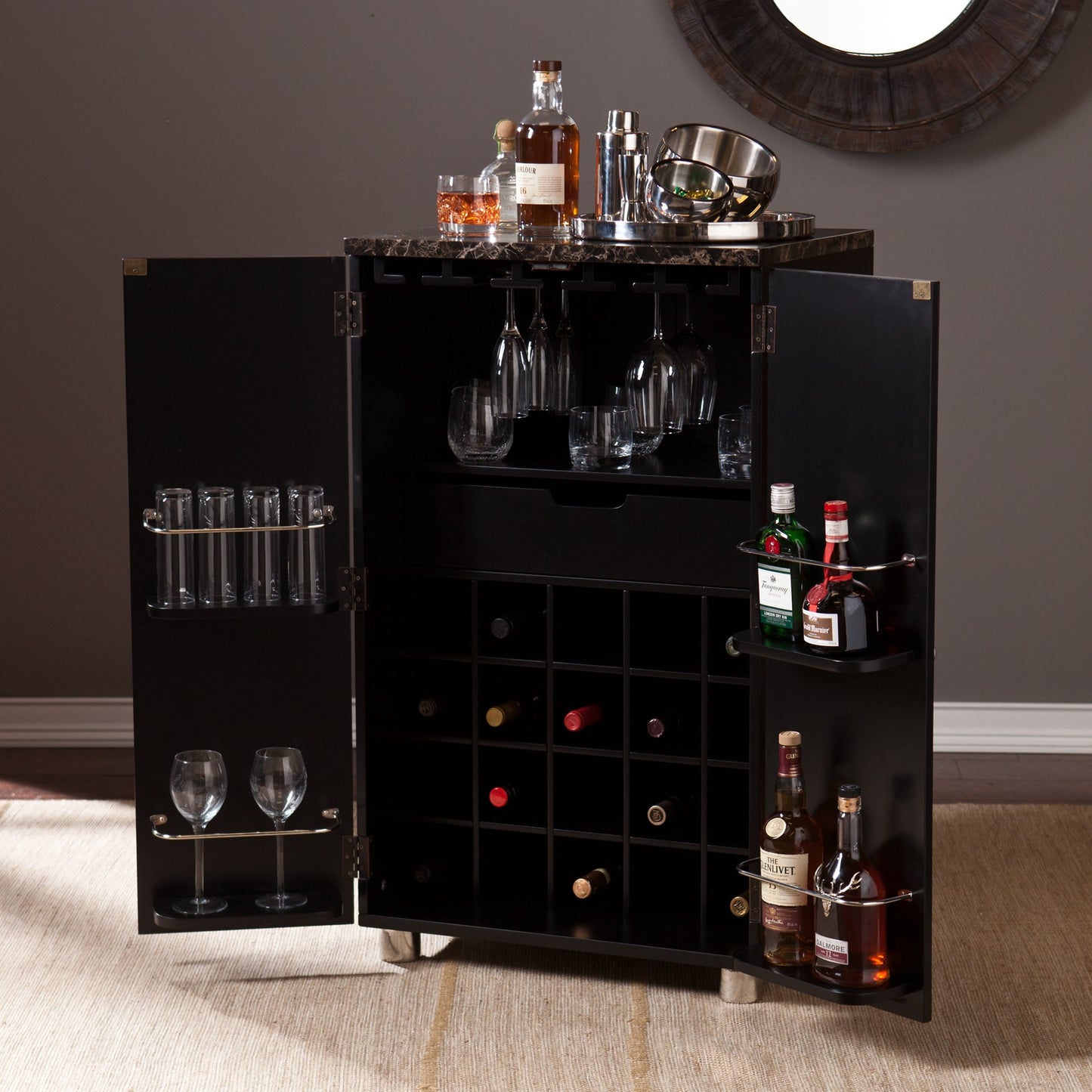 Metro Black Wood and Marble Bar Cabinet-0