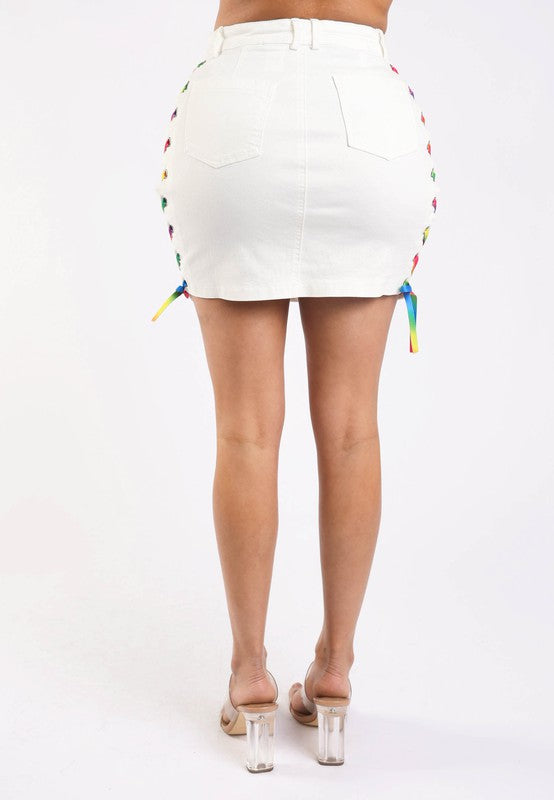 Distressed Denim Skirt With Rainbow Shoe Lace Up - Scarvesnthangs
