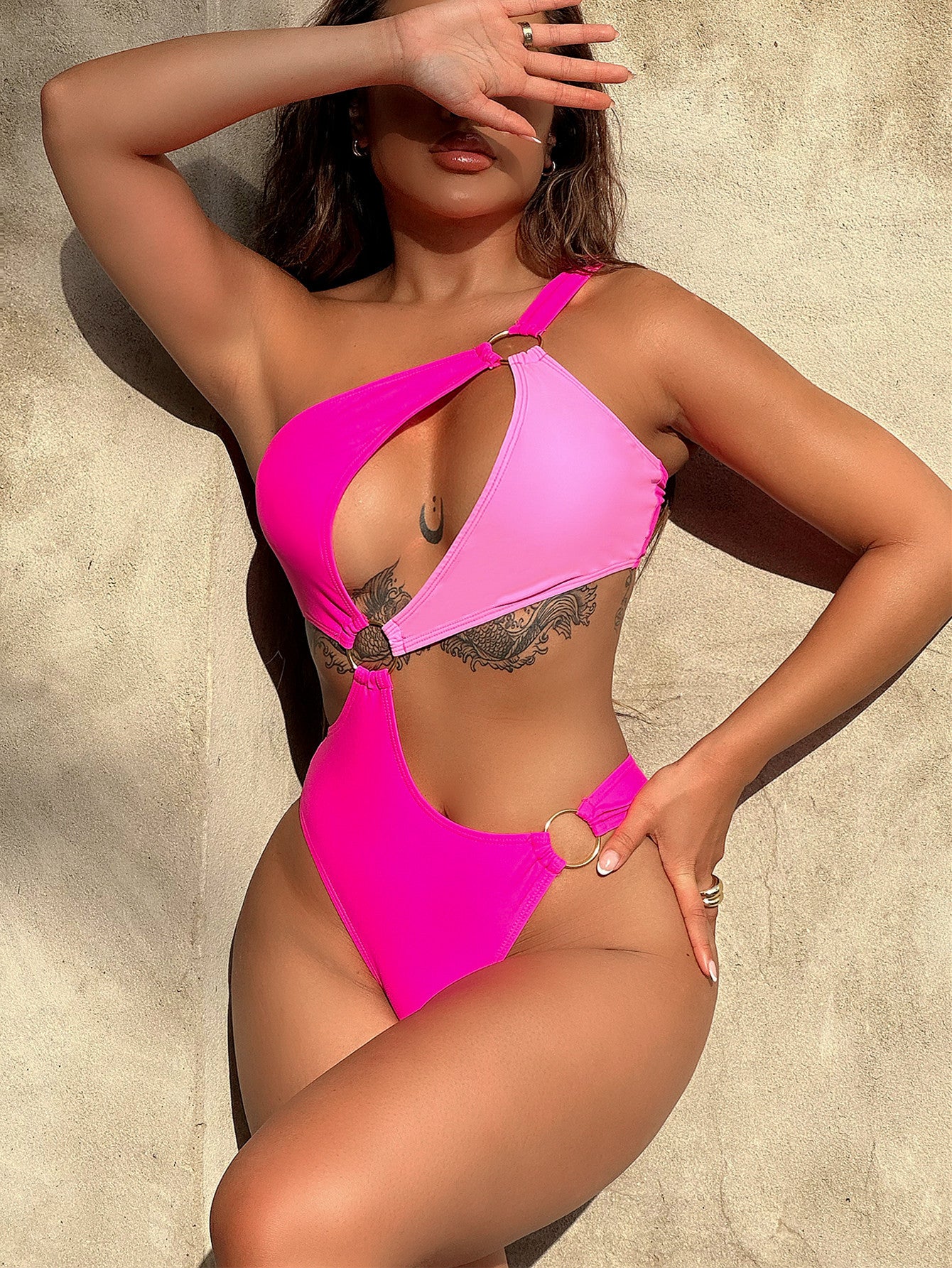 One-Shoulder Cutout Ring Detail One-Piece Swimsuit - Scarvesnthangs