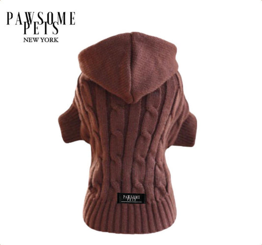 (EXTRA WARM) DOG AND CAT CABLE KNIT SWEATER WITH HAT - BROWN-0