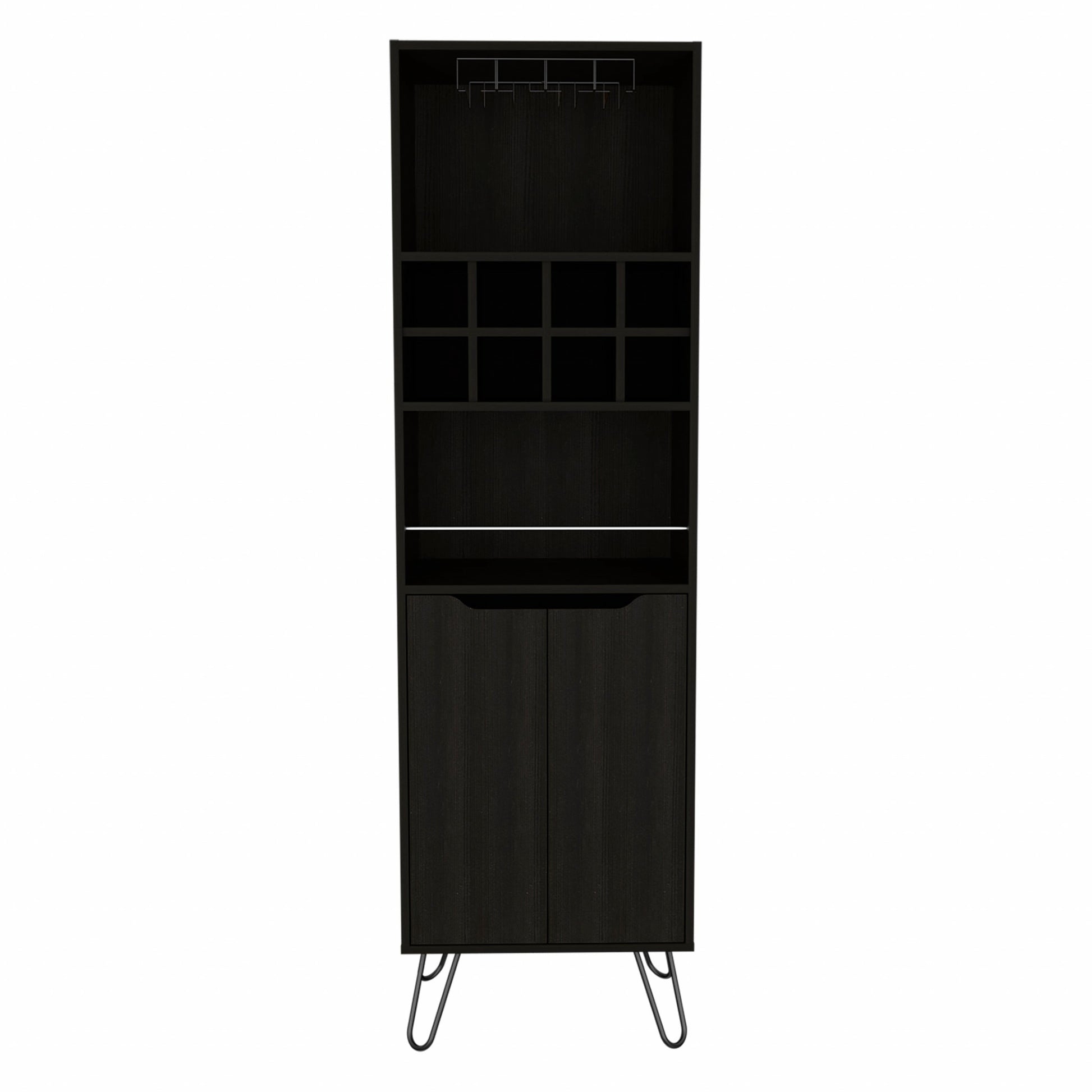 Black Tall Bar Cabinet with Two Door Panels and Top Wine Glass Rack-1