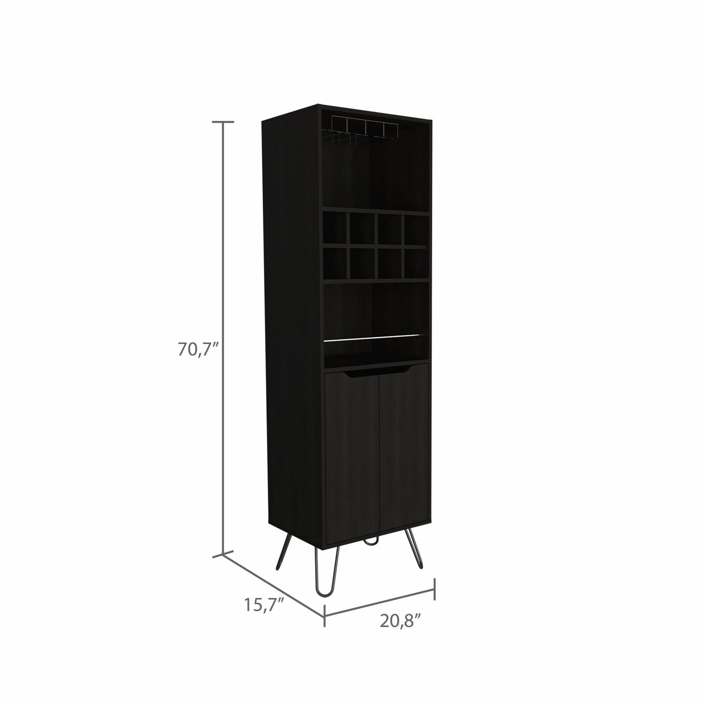 Black Tall Bar Cabinet with Two Door Panels and Top Wine Glass Rack-2