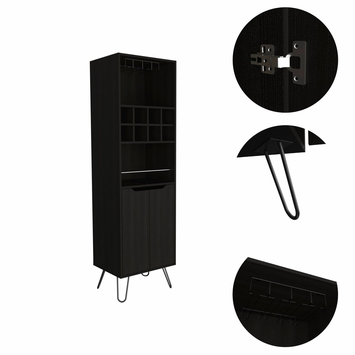 Black Tall Bar Cabinet with Two Door Panels and Top Wine Glass Rack-3