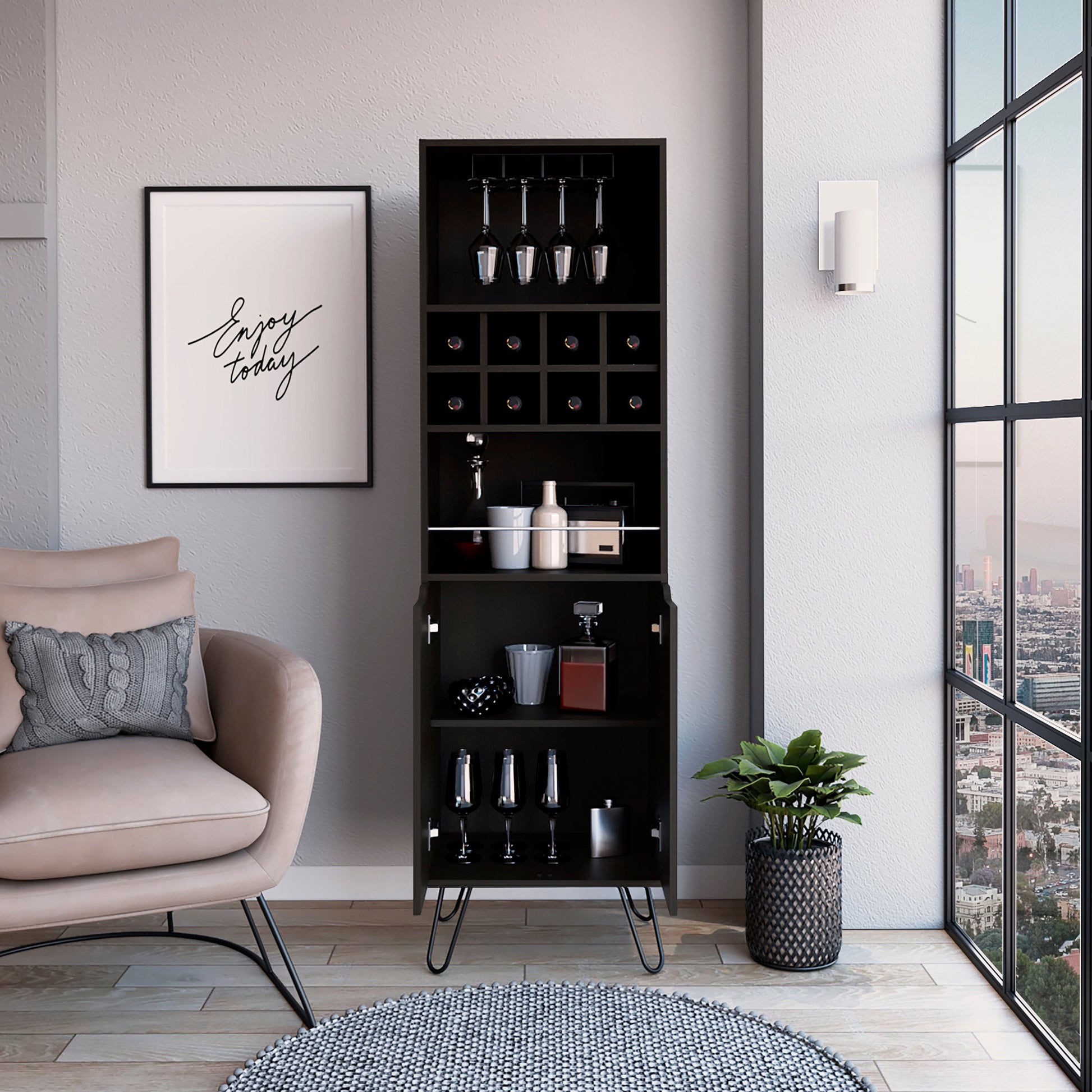 Black Tall Bar Cabinet with Two Door Panels and Top Wine Glass Rack-4