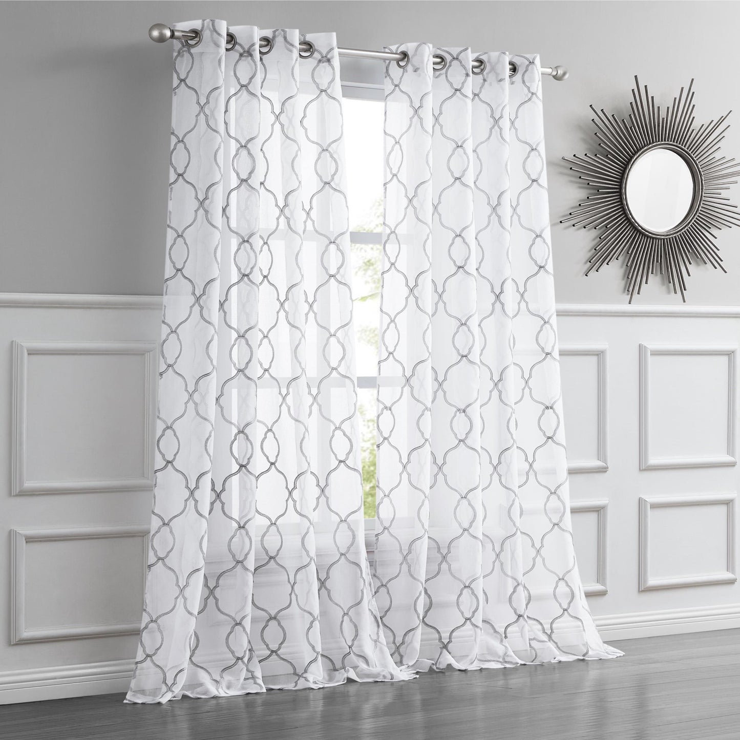 84” Silver Trellis Pattern Embroidered Window Curtain Panel - Scarvesnthangs