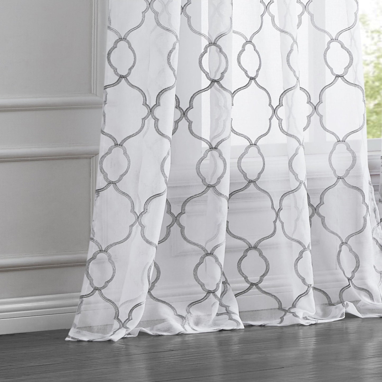 84” Silver Trellis Pattern Embroidered Window Curtain Panel - Scarvesnthangs