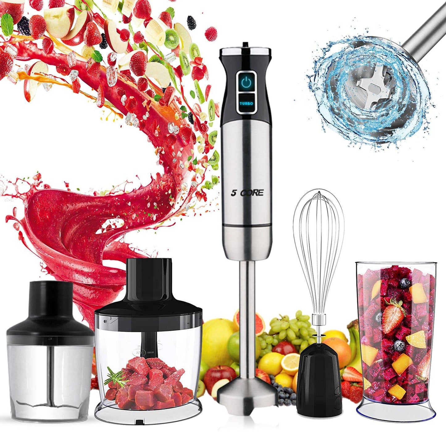 5 Core 5-in-1 Immersion Hand Blender, Powerful 500W Motor- 8 Speed Handheld Stick Blender with 304 Stainless Steel Blades, BPA-Free Milk Frother, Smoothies, Egg Whisk, Puree Infant Food, Sauces and Soups HB 1520-0