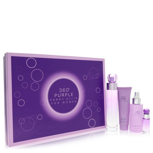 Perry Ellis 360 Purple by Perry Ellis Gift Set -- 3.4 oz Eau De Parfum Spray + .25 oz Mini EDP Spray + 4 oz Body Mist Spray + 3 oz Shower Gel (Women) - Scarvesnthangs