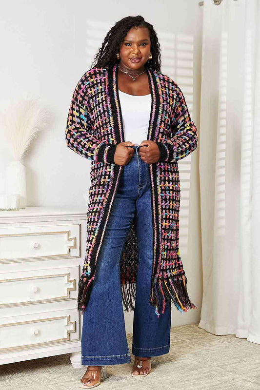 Double Take Full Size Multicolored Open Front Fringe Hem Cardigan - Scarvesnthangs