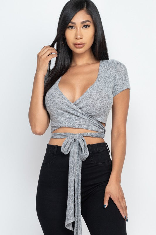 Surplice Wrap Cropped Knit Top - Scarvesnthangs