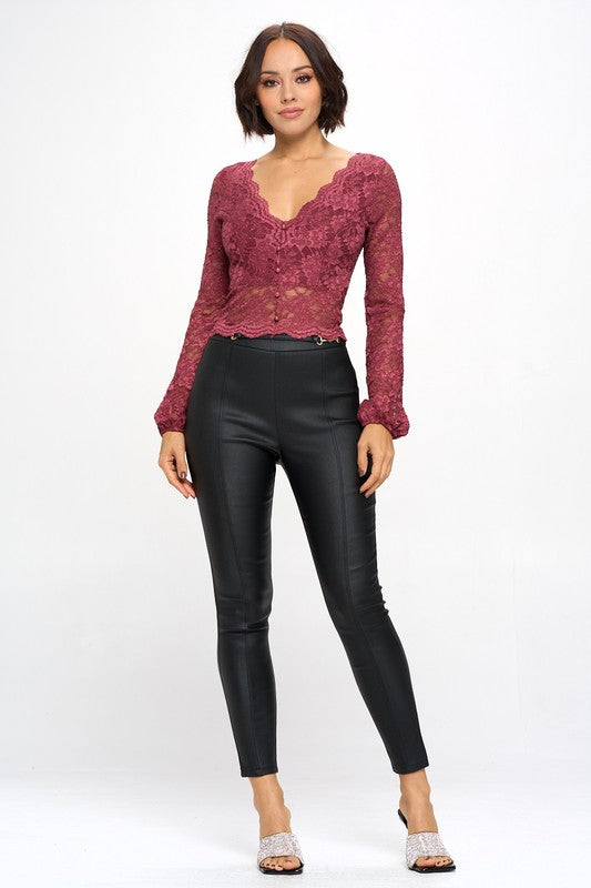 Chocolate USA Lace Scalloped V-Neck Elastic Cuff Top - Scarvesnthangs