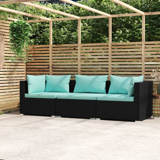 vidaXL 3-Seater Sofa with Cushions Black Poly Rattan - Scarvesnthangs