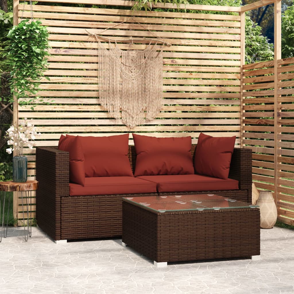 vidaXL 3 Piece Patio Lounge Set with Cushions Brown Poly Rattan - Scarvesnthangs
