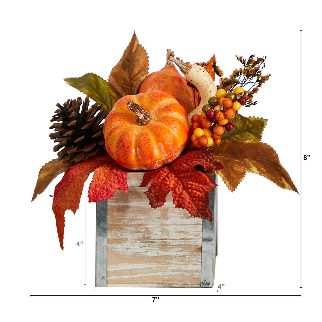 8” Pumpkin and Pinecones Arrangement in Natural Washed Vase - Scarvesnthangs