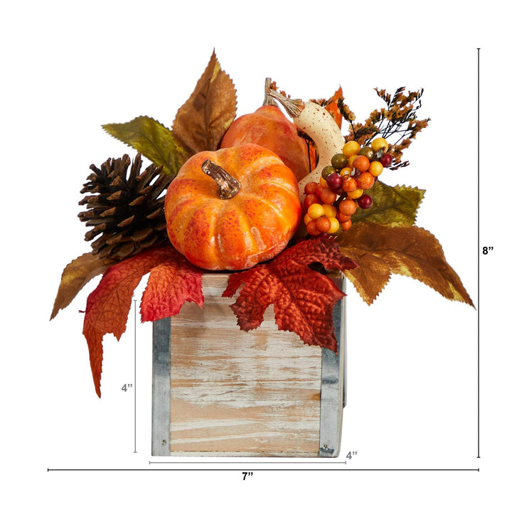 8” Pumpkin and Pinecones Arrangement in Natural Washed Vase - Scarvesnthangs