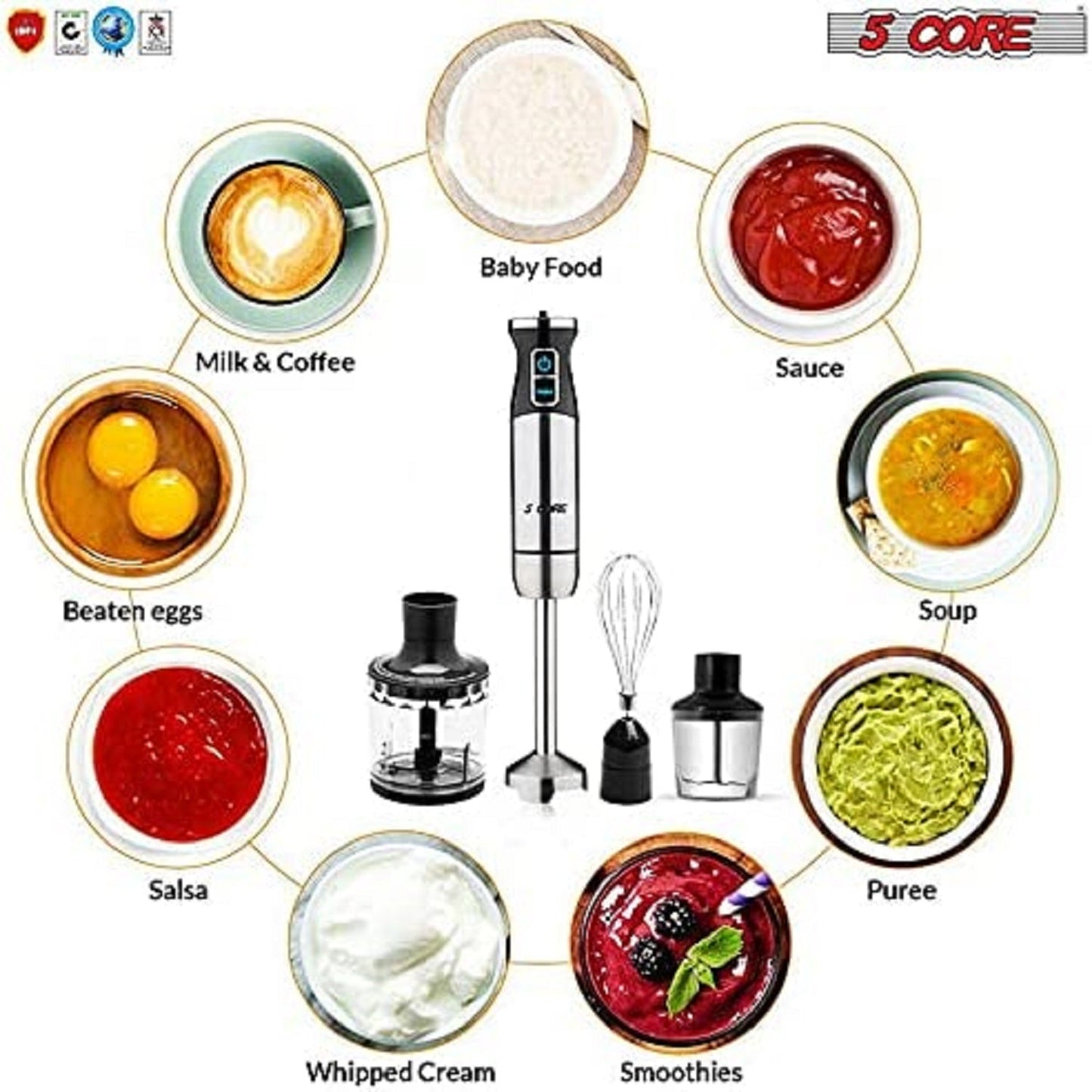 5 Core 5-in-1 Immersion Hand Blender, Powerful 500W Motor- 8 Speed Handheld Stick Blender with 304 Stainless Steel Blades, BPA-Free Milk Frother, Smoothies, Egg Whisk, Puree Infant Food, Sauces and Soups HB 1520-1