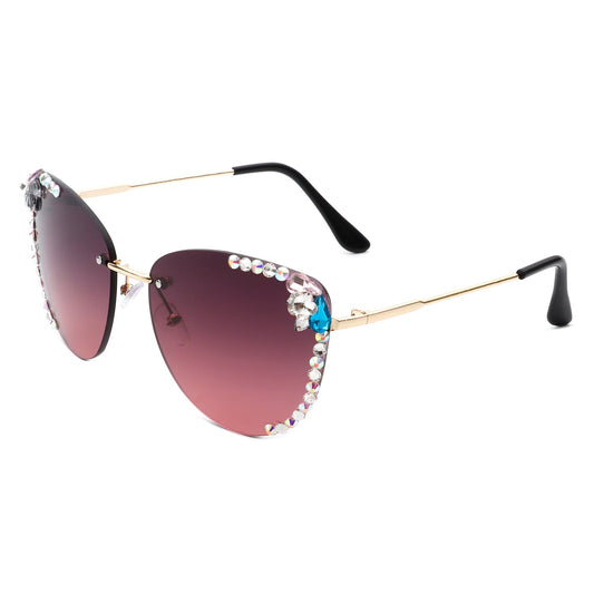 Nightbri - Women Rimless Tinted Chic Rhinestone Fashion Cat Eye Sunglasses-0