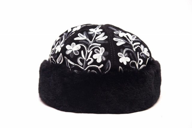 Handcrafted Black and White Suede Embroidered Hat-4