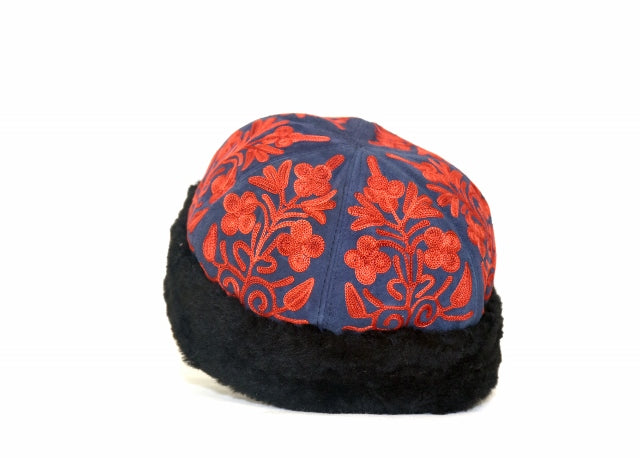 Handcrafted Navy and Red Suede Embroidered Hat-2