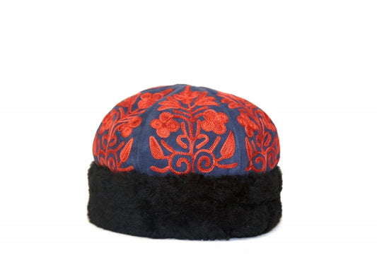 Handcrafted Navy and Red Suede Embroidered Hat-0
