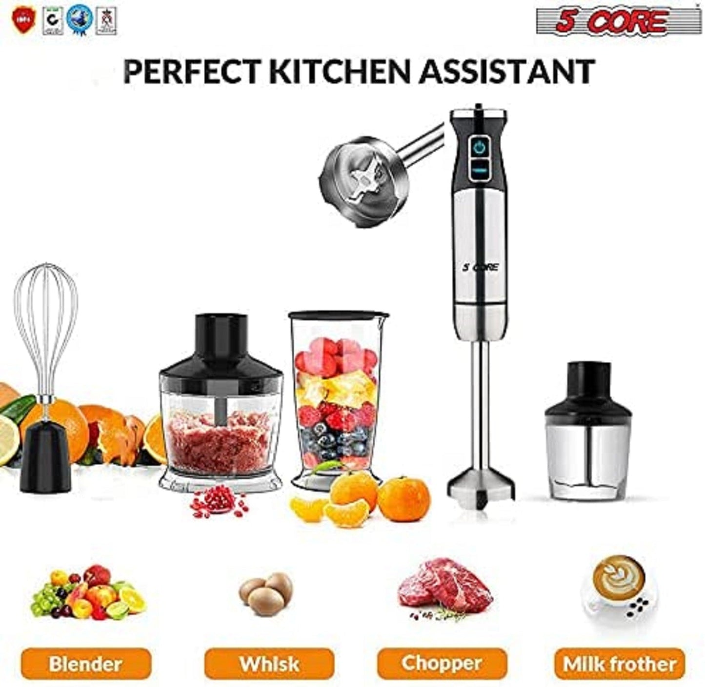 5 Core 5-in-1 Immersion Hand Blender, Powerful 500W Motor- 8 Speed Handheld Stick Blender with 304 Stainless Steel Blades, BPA-Free Milk Frother, Smoothies, Egg Whisk, Puree Infant Food, Sauces and Soups HB 1520-2