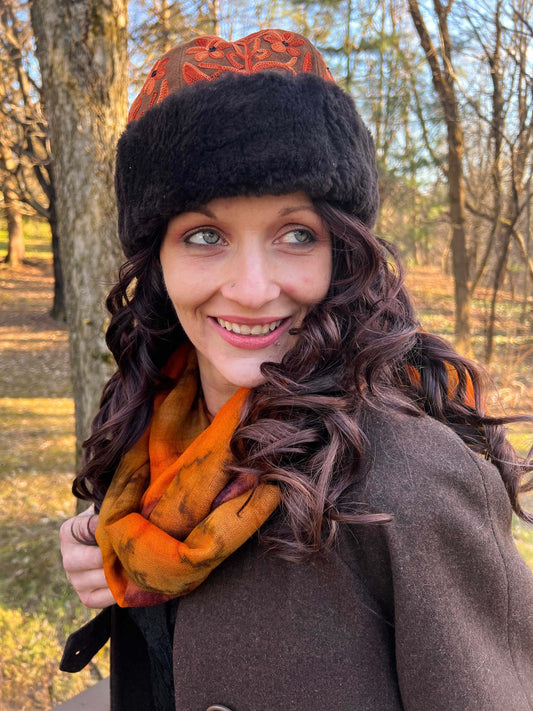 Handcrafted Brown and Peach Suede Embroidery Hat-0