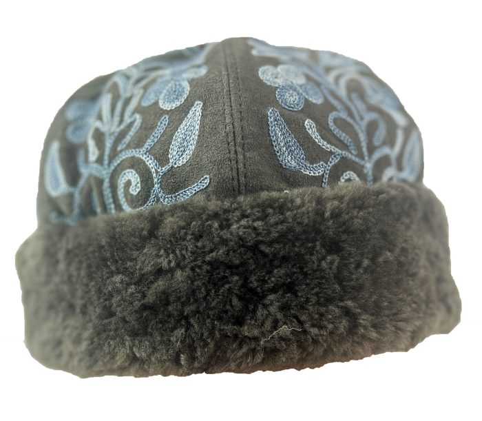 Handmade Suede Grey and Blue Embroidered Hat-3