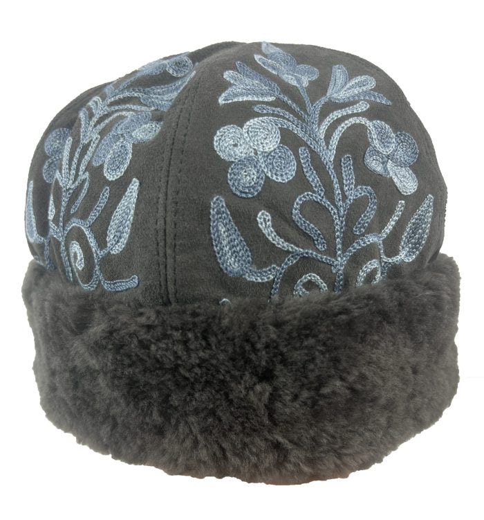 Handmade Suede Grey and Blue Embroidered Hat-4
