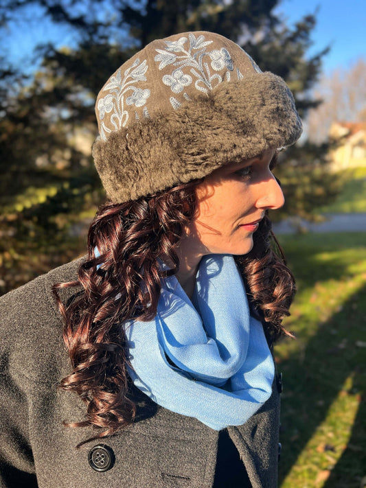 Handmade Suede Grey and Blue Embroidered Hat-0