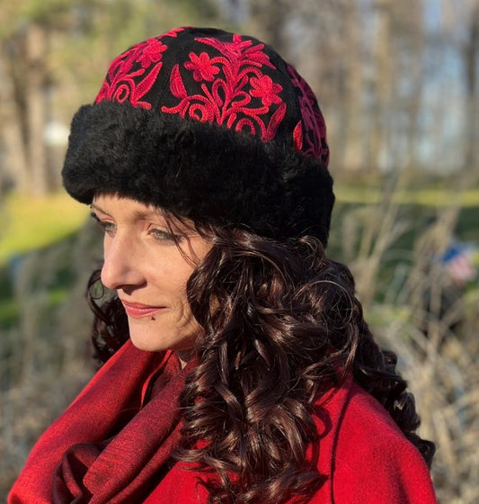 Handcrafted Black and Red Suede Embroidered Hat-0