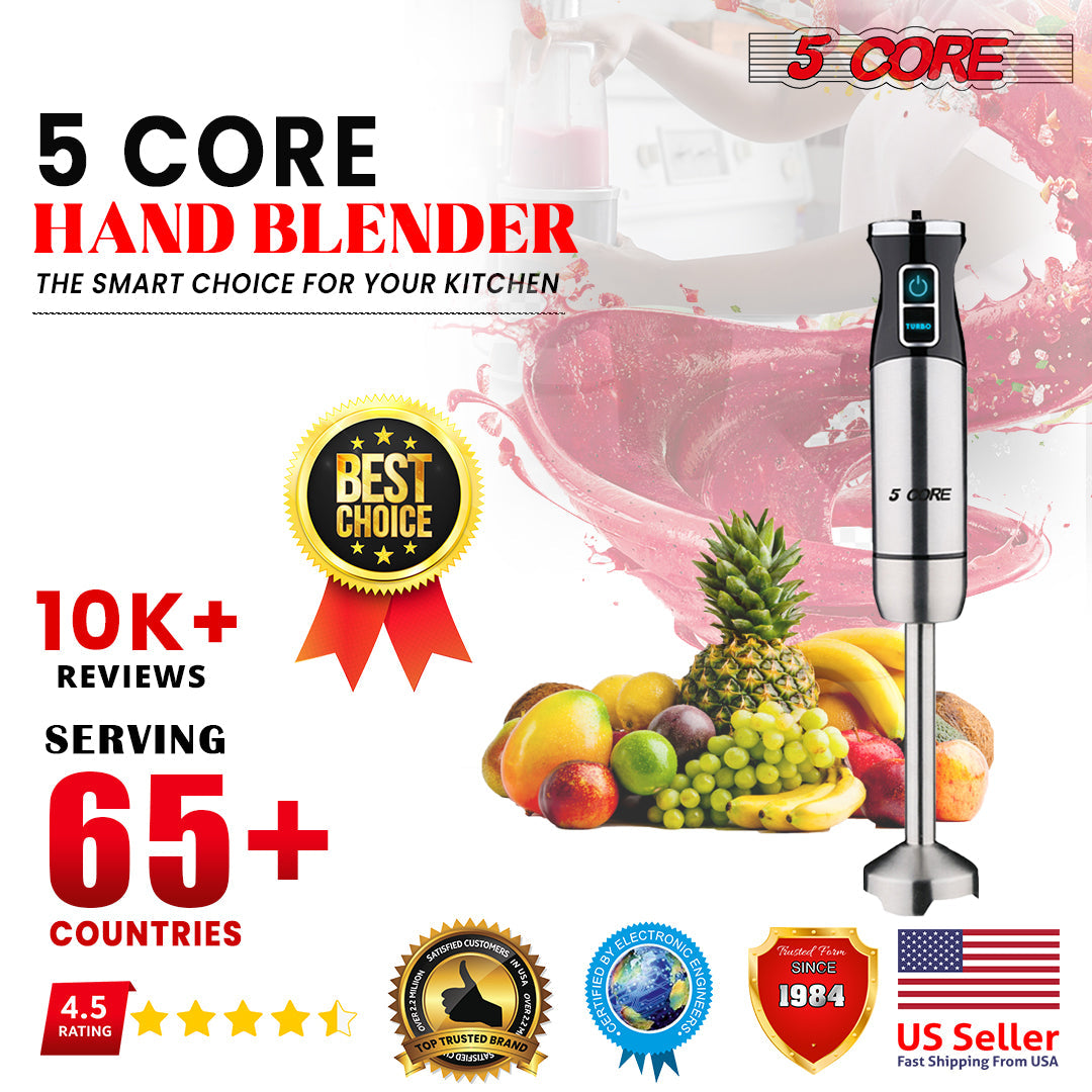 5 Core 5-in-1 Immersion Hand Blender, Powerful 500W Motor- 8 Speed Handheld Stick Blender with 304 Stainless Steel Blades, BPA-Free Milk Frother, Smoothies, Egg Whisk, Puree Infant Food, Sauces and Soups HB 1520-6
