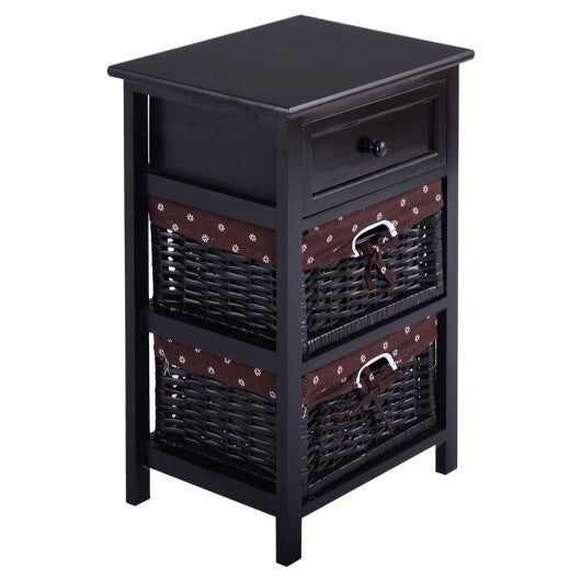 3 Tiers Wooden Storage Nightstand with 2 Baskets and 1 Drawer-black - Scarvesnthangs