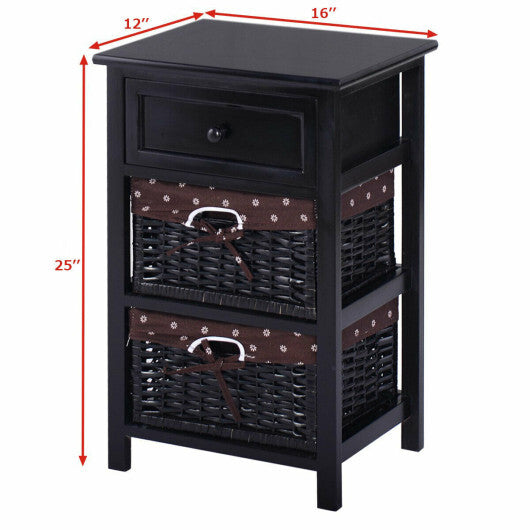 3 Tiers Wooden Storage Nightstand with 2 Baskets and 1 Drawer-black - Scarvesnthangs