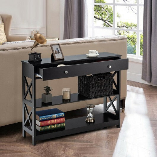 3-Tier Console Table with Drawers for Living Room Entryway-Black - Scarvesnthangs