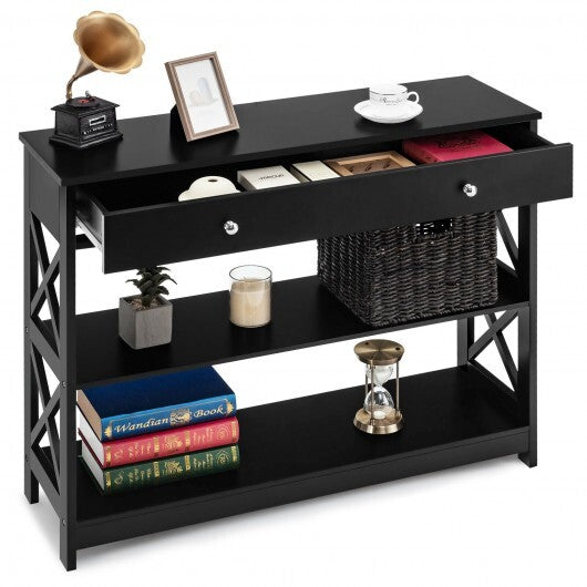 3-Tier Console Table with Drawers for Living Room Entryway-Black - Scarvesnthangs