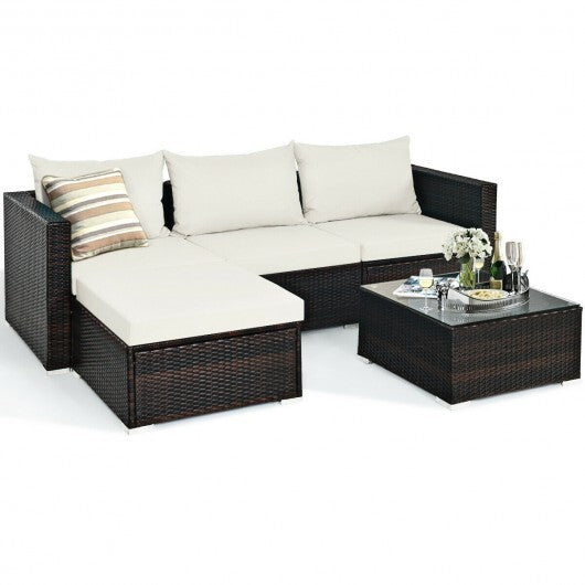 5 Pieces Patio Rattan Sectional Furniture Set with Cushions and Coffee Table -Navy - Scarvesnthangs
