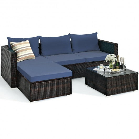 5 Pieces Patio Rattan Sectional Furniture Set with Cushions and Coffee Table -Navy - Scarvesnthangs